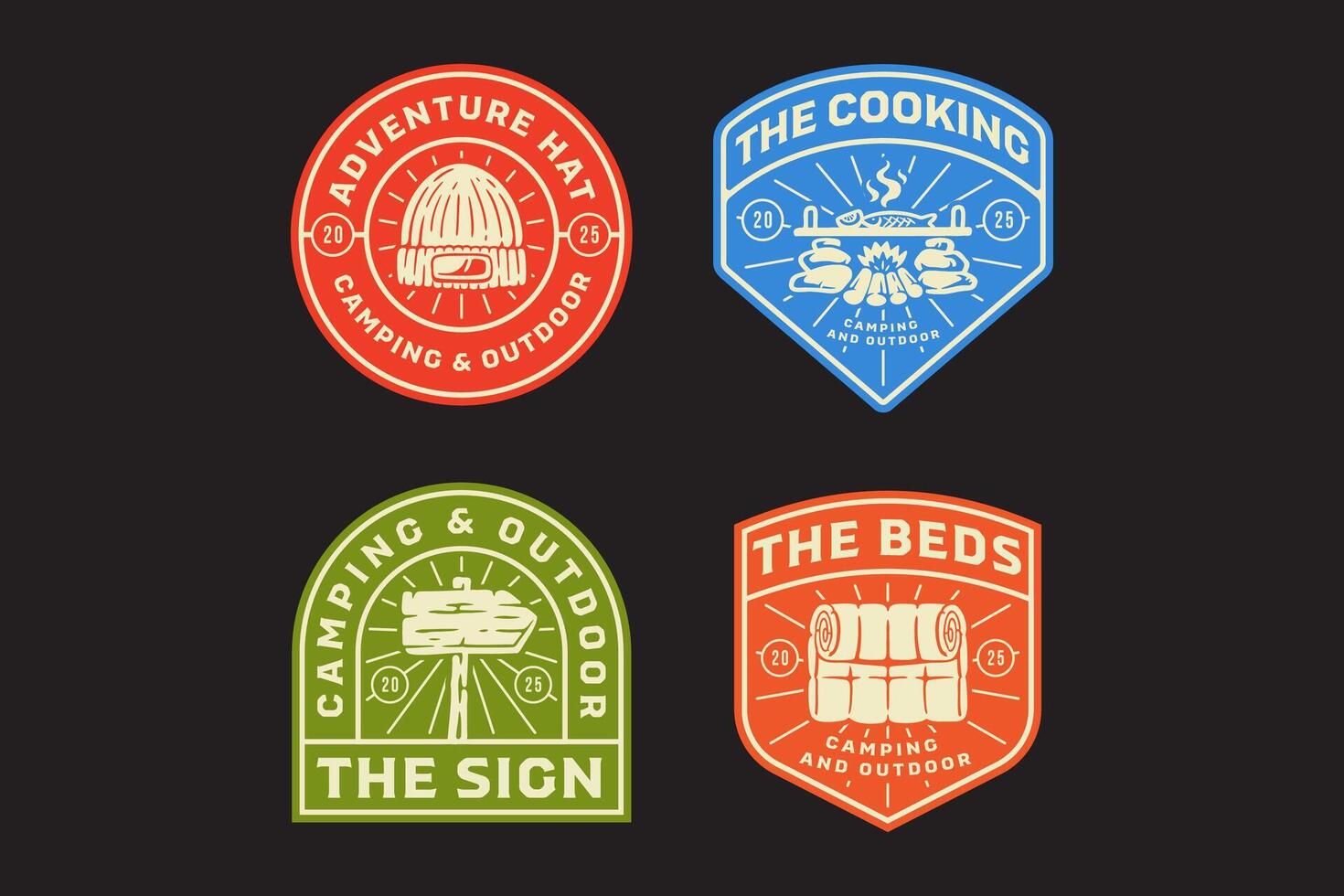beanie hat, campfire cooking, signboard, traditional stove, signpost, bonfire, bale fire retro badge logo design collection set for adventure, outdoor, camper, explorer, mountaineer and hiker vector