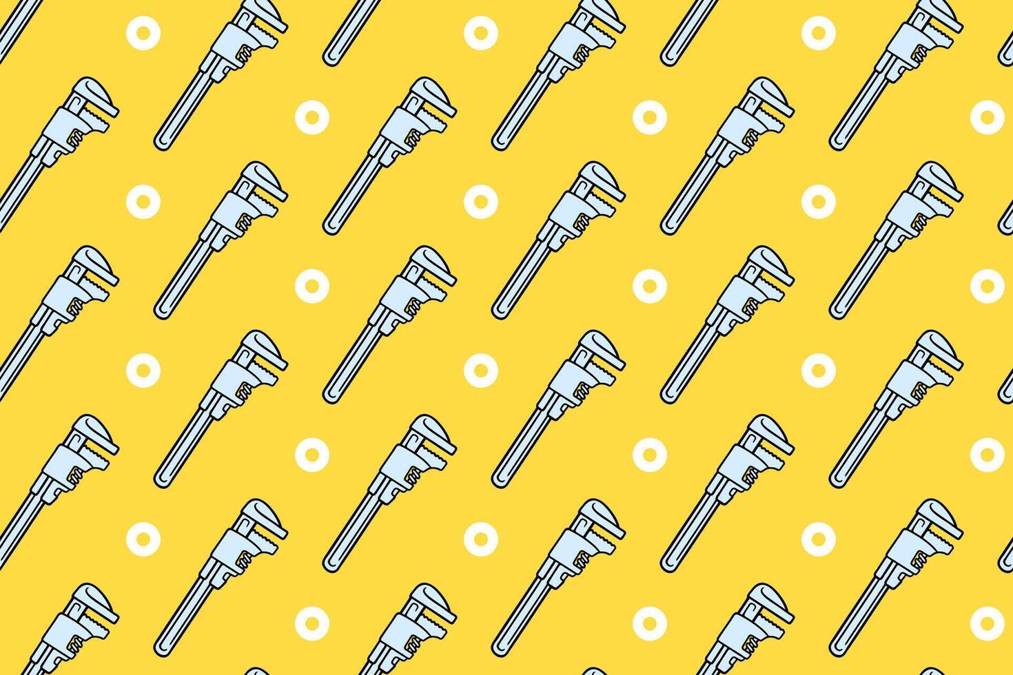 pipe wrench with nut colorful pattern on yellow background. doodle adjustable wrench with fastener seamless pattern background. wrench seamless pattern for industrial, workshop merchandise vector