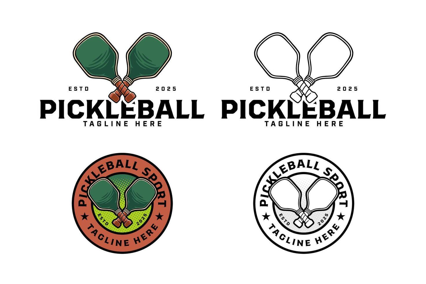 pickleball racket, stick crossed illustration modern logo design. pickleball paddle, bat crossed circle badge logo design set for pickler, pickleball sport club and pickleball tournament vector