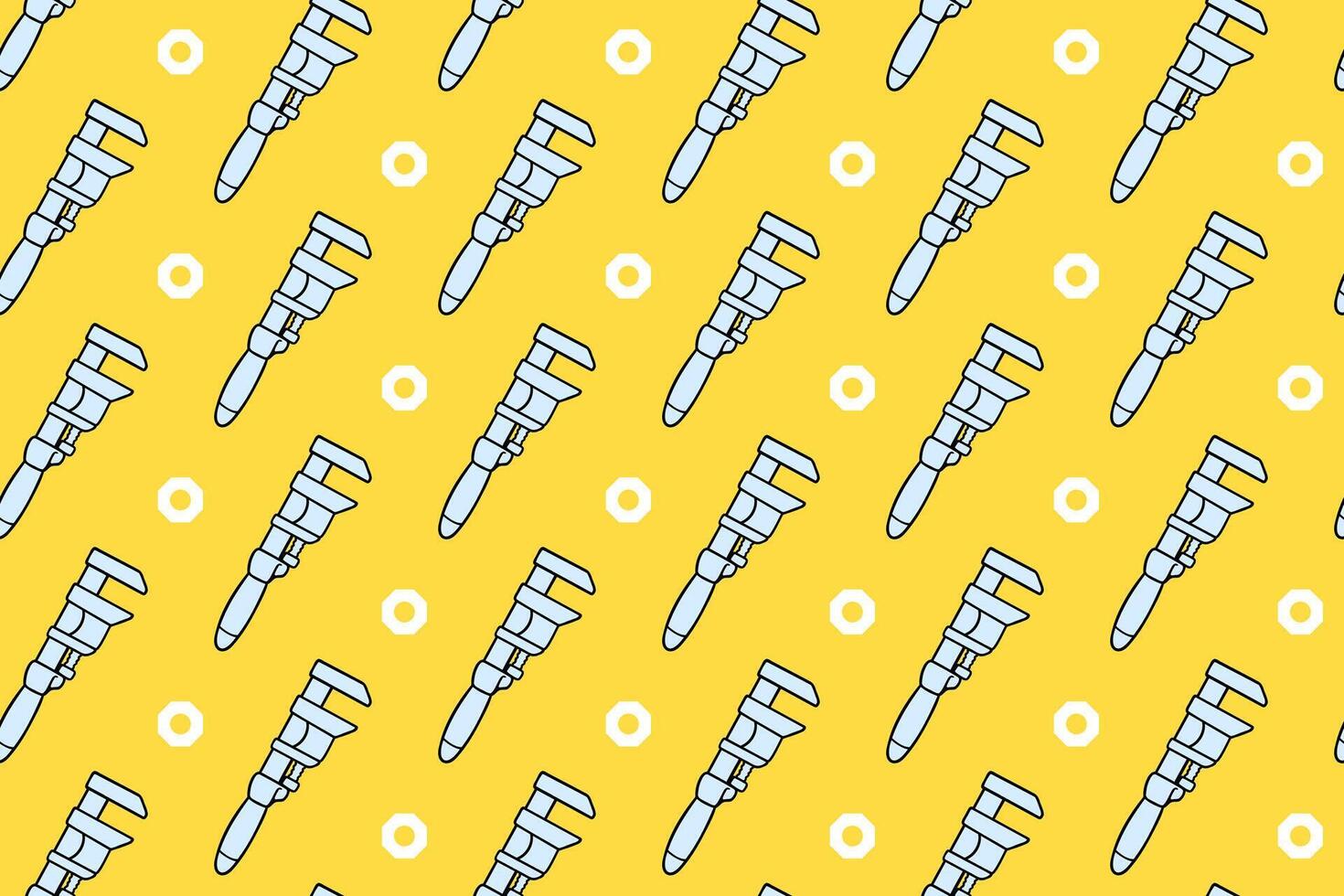 agricultural wrench with nut colorful pattern on yellow background. doodle adjustable wrench with fastener seamless pattern background. wrench seamless pattern for industrial, workshop merchandise vector