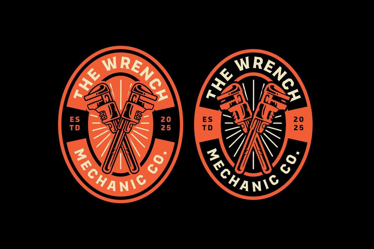 pipe wrench, adjustable wrench, monkey wrench crossed retro vintage badge logo design collection set for mechanic, craftsman, handyman, garage, workshop, engineer, industrial vector