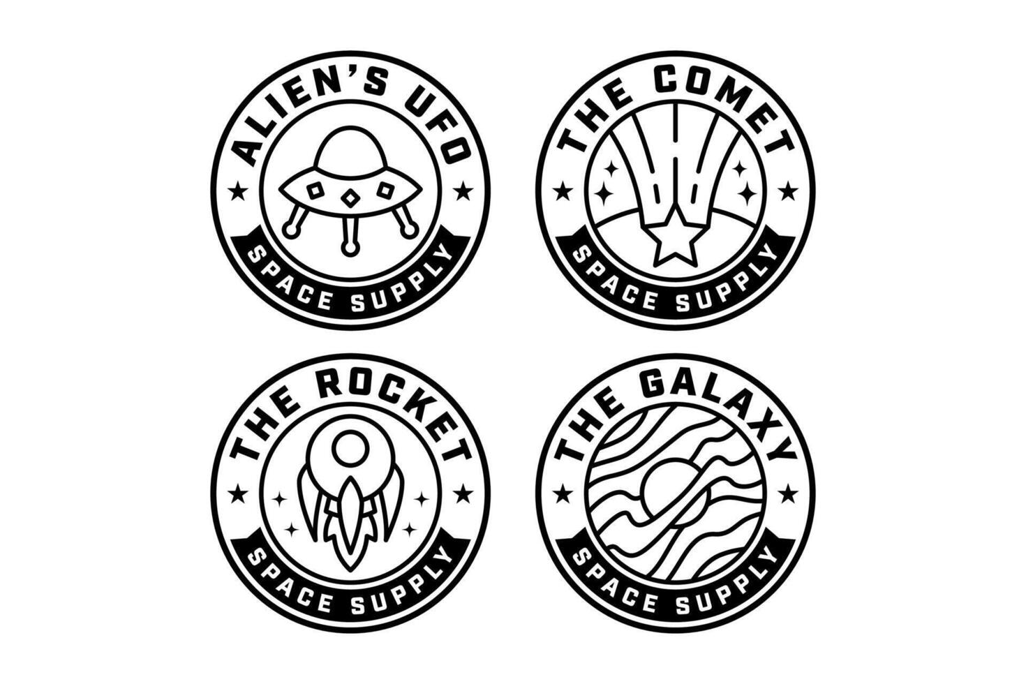 alien spaceship, ufo, rocket launcher, star meteor, galaxy, orbit, planet outline modern illustration badge logo design set for astronautic, science, galaxy, space, adventure, kids merchandise vector