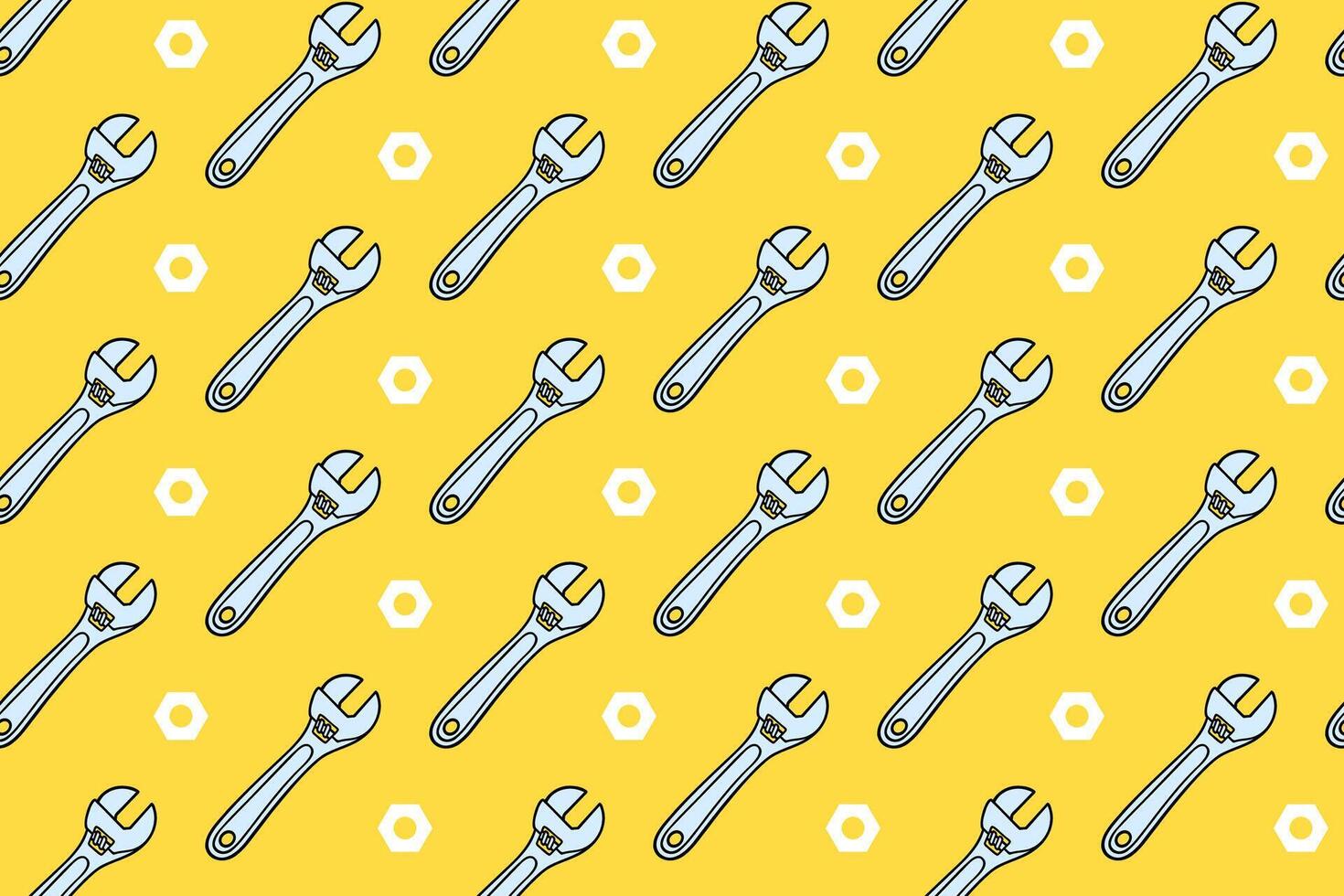 adjustable wrench with nut colorful pattern on yellow background. doodle monkey wrench with fastener symbol seamless pattern background. wrench seamless pattern for industrial, workshop merchandise vector