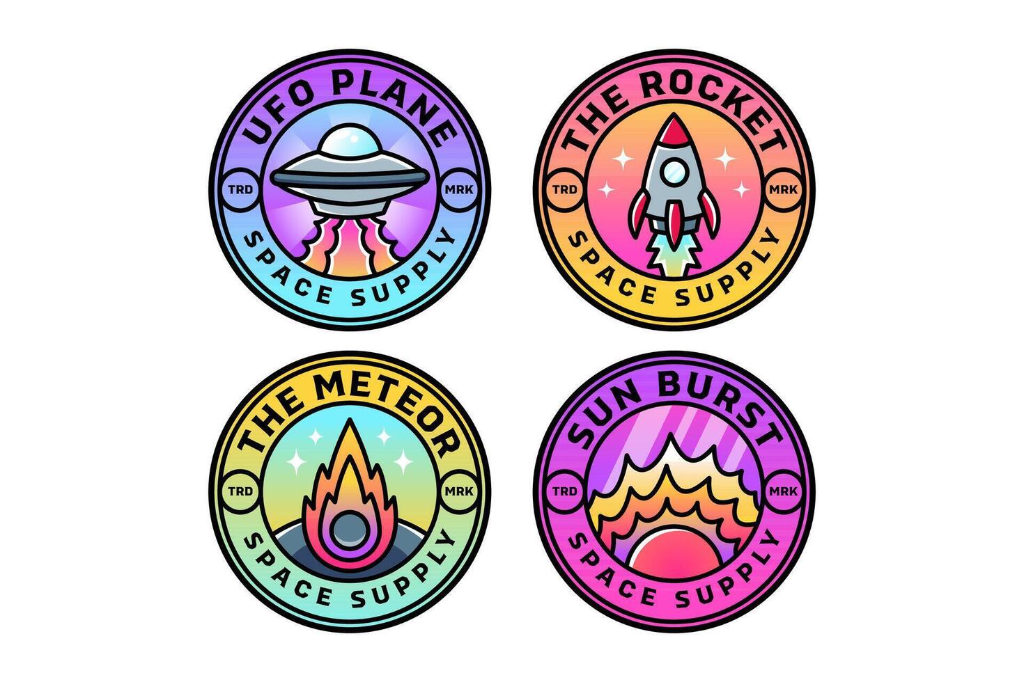 ufo plane with laser, rocket spaceship launcher, meteor, comet, sun burst space colorful modern illustration badge logo design set for astronautic, science, galaxy, space, adventure, kids merchandise vector
