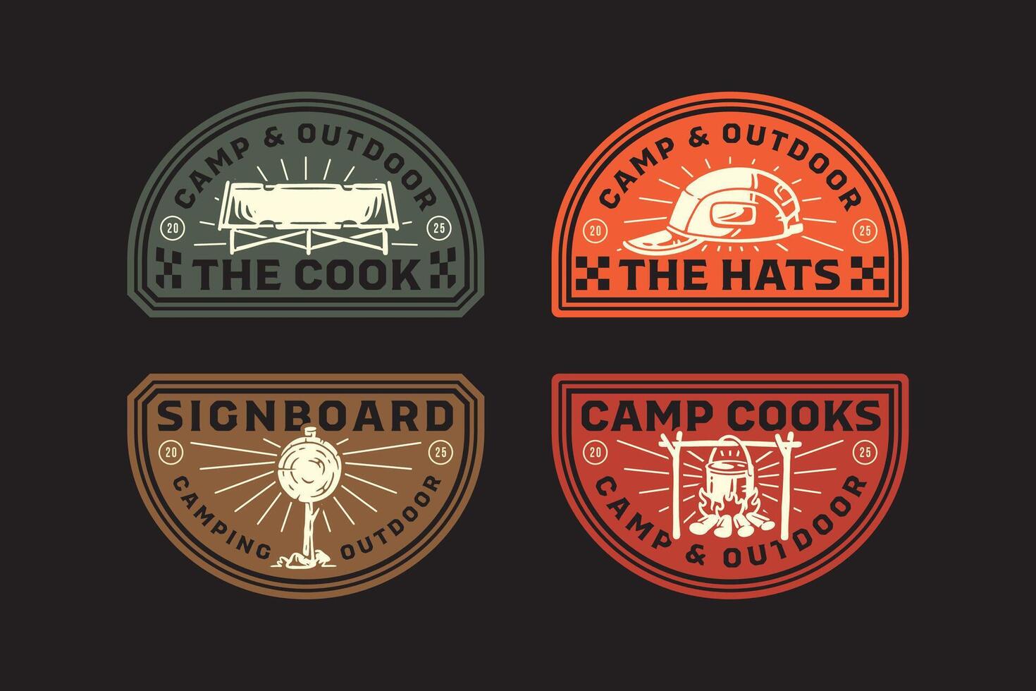 beanie hat, campfire cooking, signboard, sleeping bed, signpost, bonfire, bale fire retro badge logo design collection set for adventure, outdoor, camper, explorer, mountaineer and hiker vector