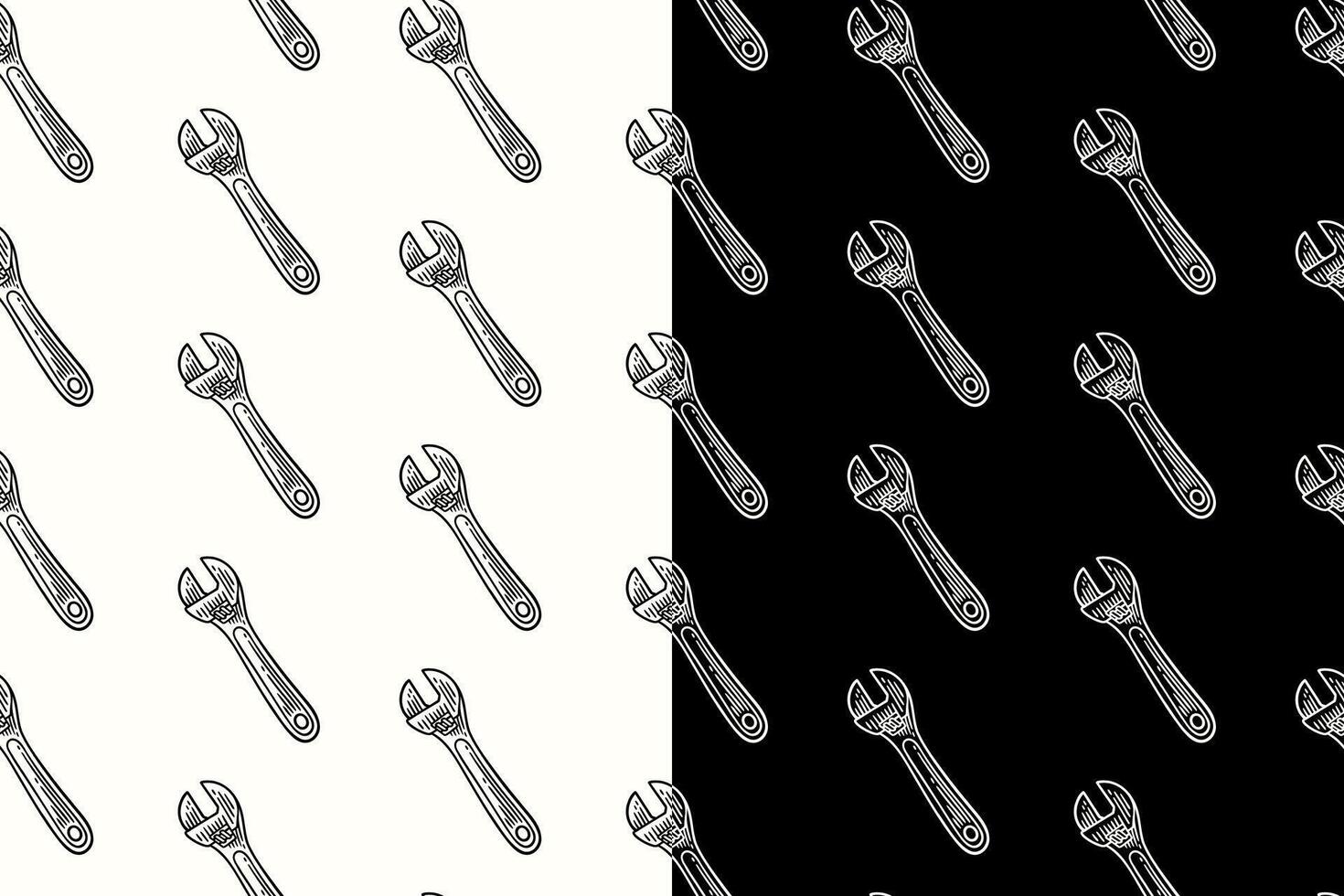 wrench doodle seamless pattern on black white background. adjustable wrench engraving pattern background. retro monkey wrench background for industrial and workshop merchandise vector