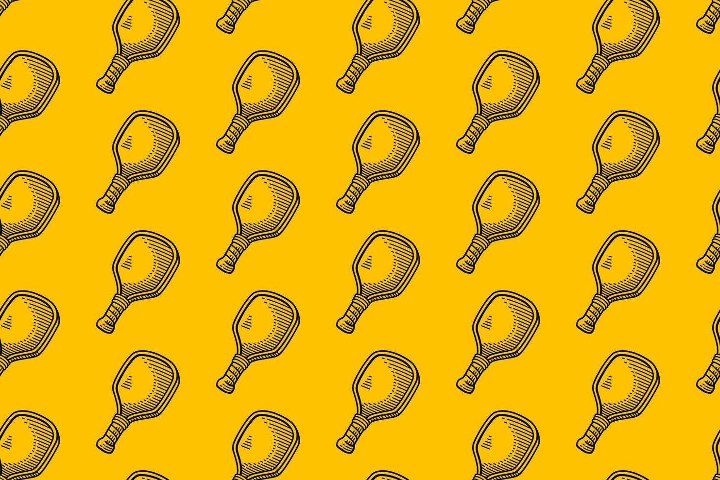 pickleball paddle doodle seamless pattern on yellow background. pickleball bat engraving pattern background. retro pickleball racket background for pickleball sport merchandise vector