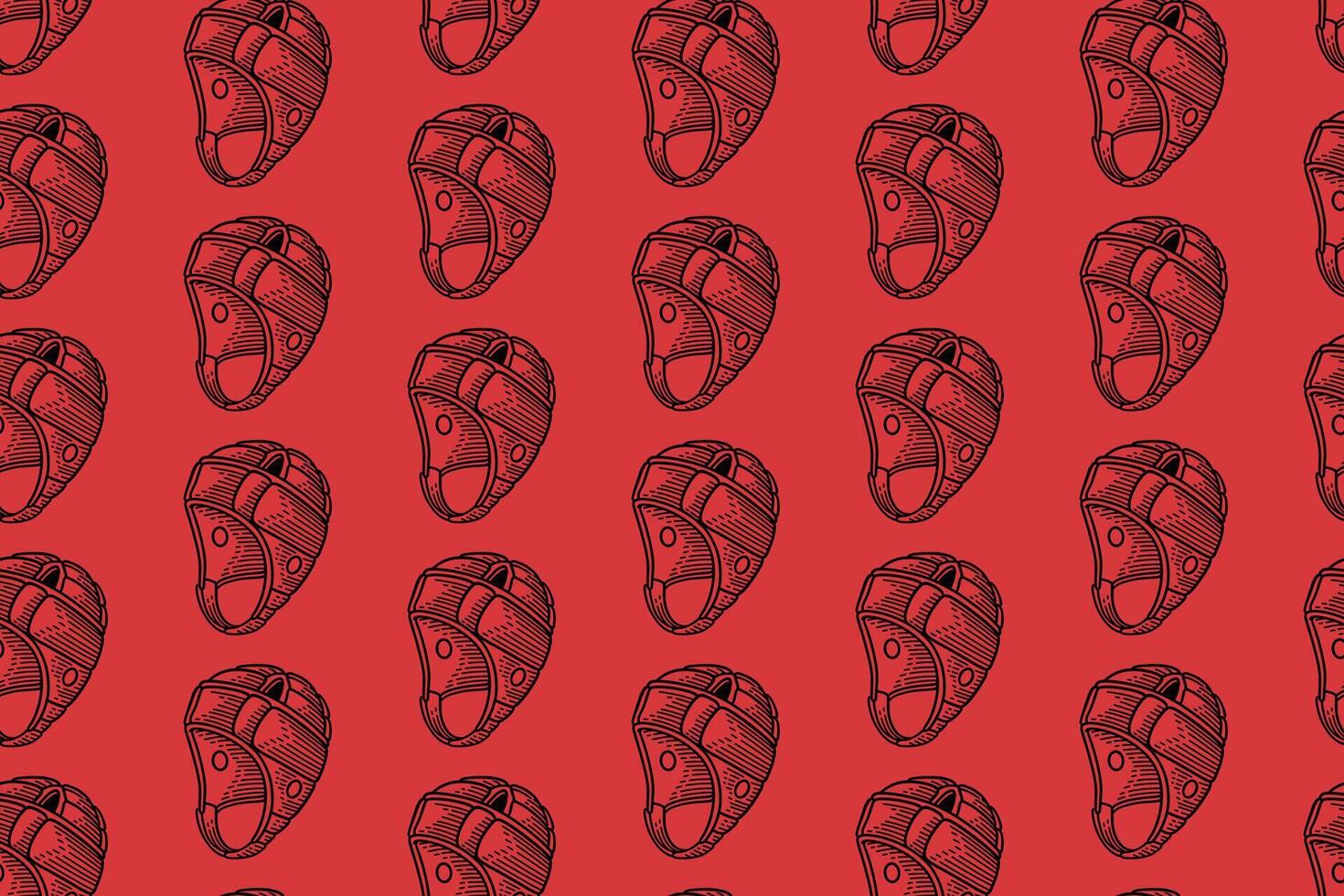 rugby headgear doodle seamless pattern on red background. american football headgear engraving pattern background. retro helmet safety of rugby background for american football rugby sport merchandise vector