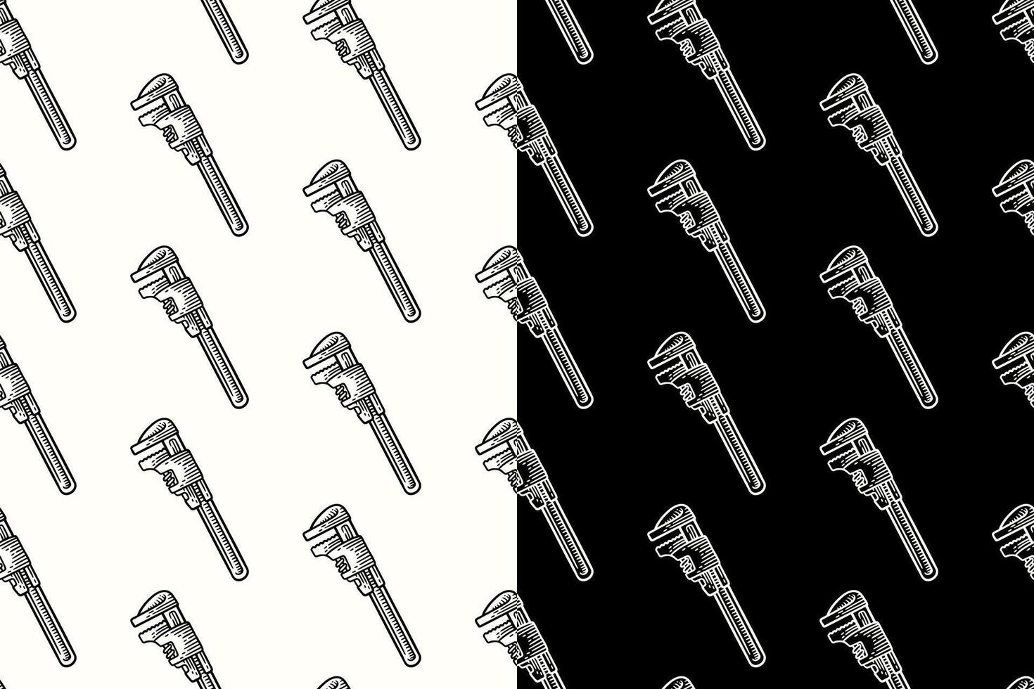 pipe wrench doodle seamless pattern on black white background. adjustable wrench engraving pattern background. retro monkey wrench background for industrial and workshop merchandise vector