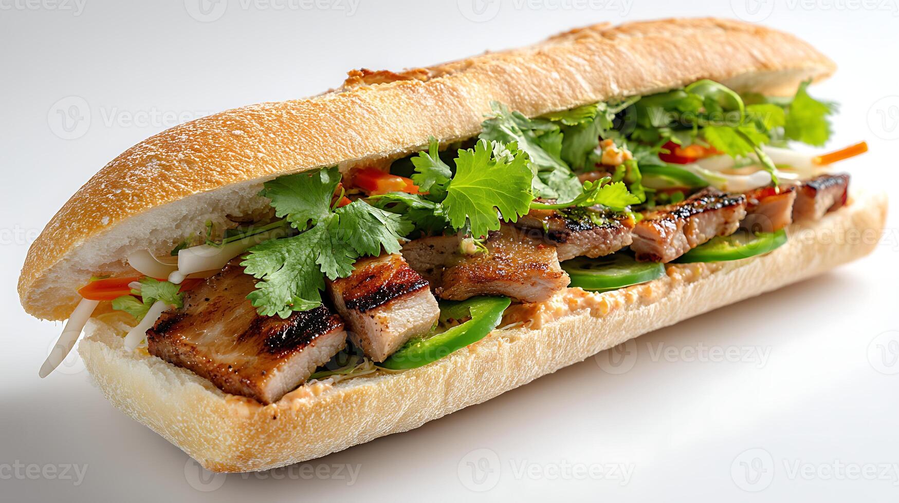 high-quality stock photo of vietnamese banh mi with grilled pork and fresh toppings on white background