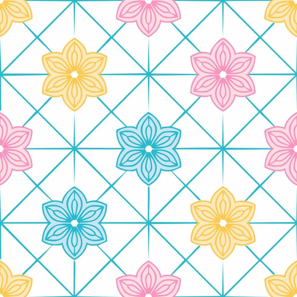 Seamless pattern Neon Grid Blooms vector