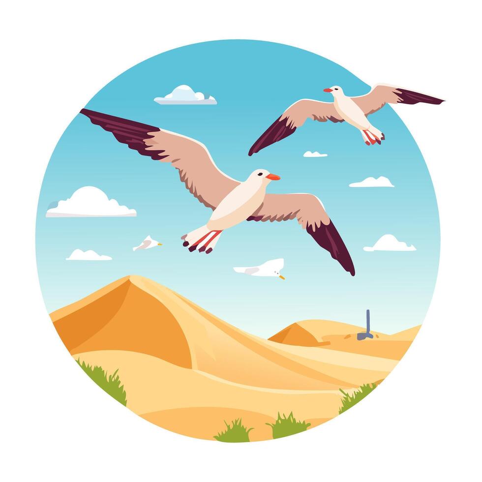 Seagulls Flying Over Sandy Dunes vector