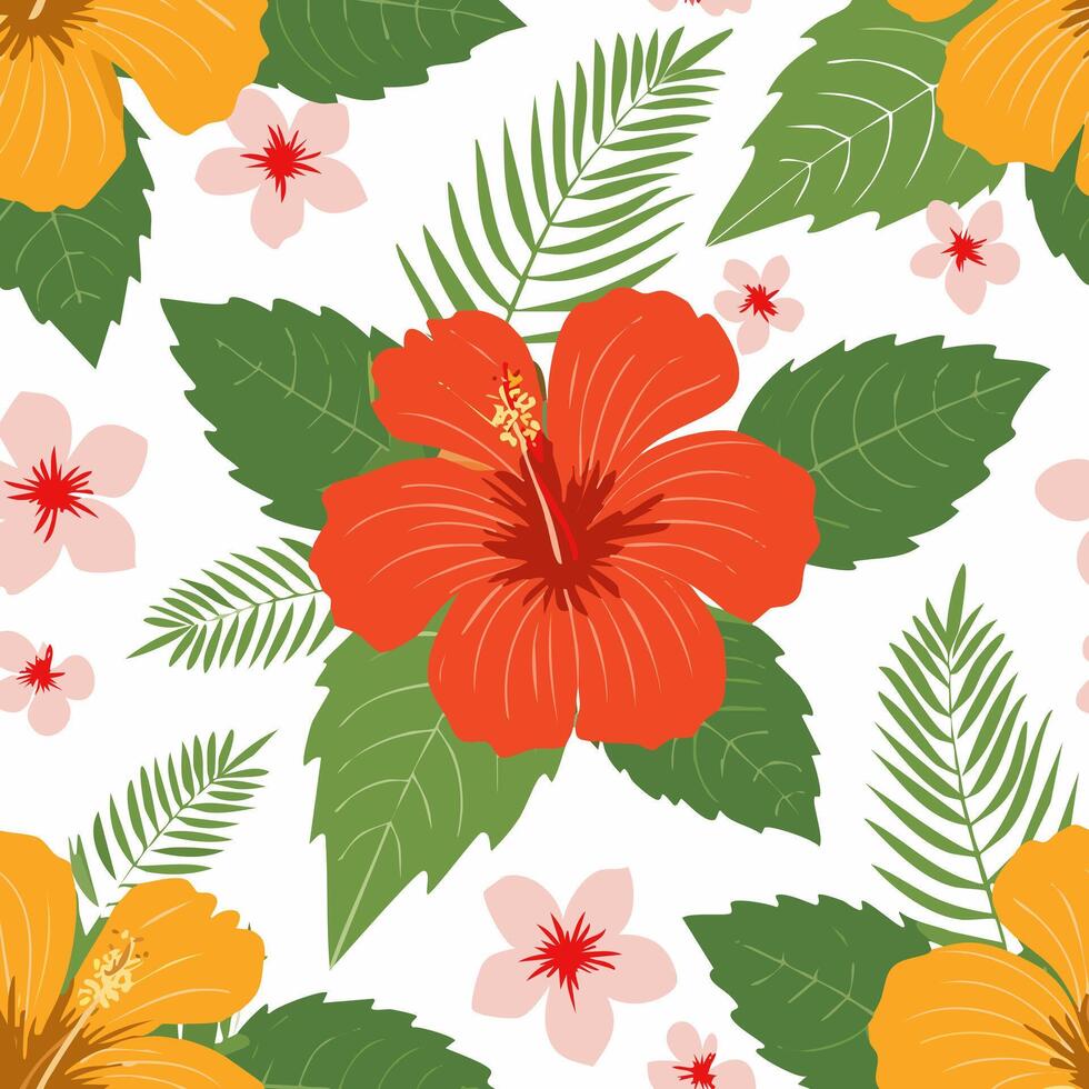 Seamless pattern hibiscus blooms with leafy accents2 vector
