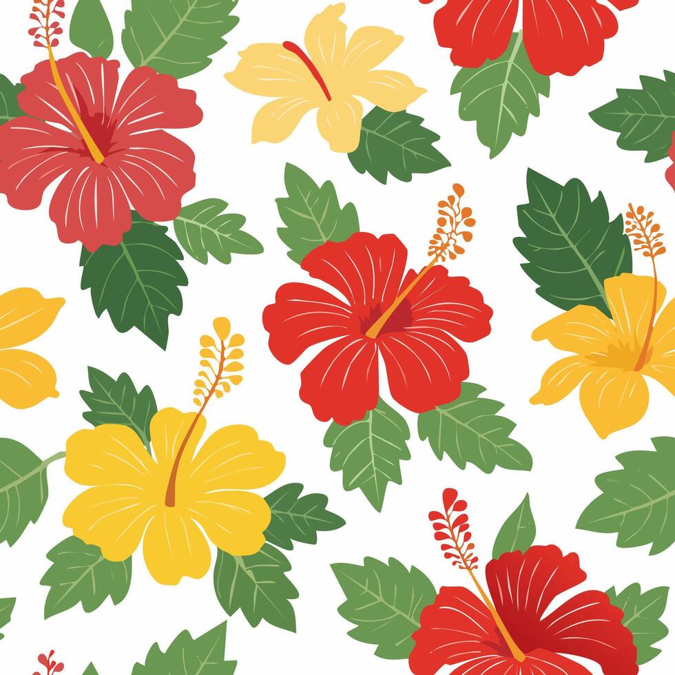 Seamless pattern hibiscus blooms with leafy accents vector