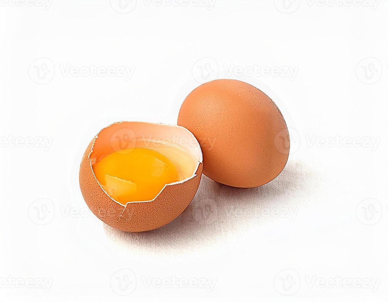 A Broken Brown Egg with Visible Yolk Next to a Whole Egg on White Background Perfect for Culinary or Dietary Content photo