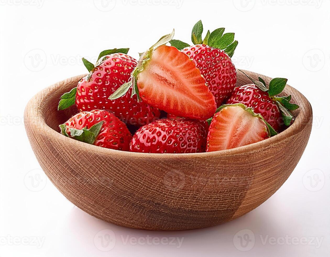 Fresh Juicy Strawberries in Rustic Wooden Bowl for Summer Recipes photo