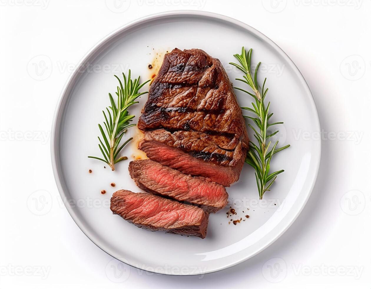 Delicious Grilled Steak Sliced on Plate with Rosemary Garnish Gourmet Food photo