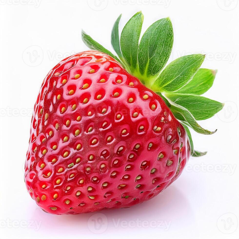 A Single Ripe Strawberry with Green Leaves Isolated on White Background Perfect for Food and Drink Advertising photo