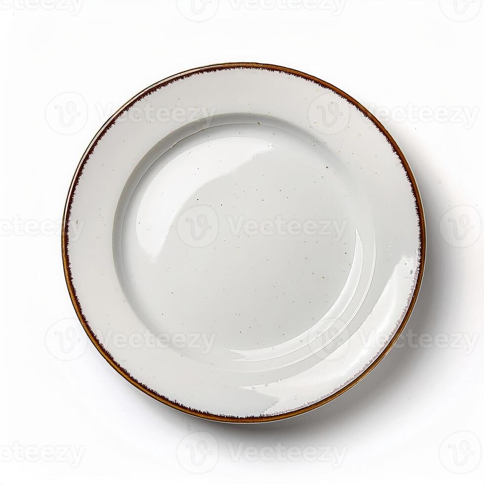 Empty White Dinner Plate with Brown Rim Top View Studio Shot Perfect for Menu Design photo