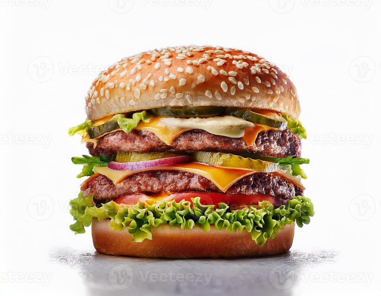 Delicious Double Cheeseburger with Sesame Seed Bun Lettuce Tomato and Pickles photo