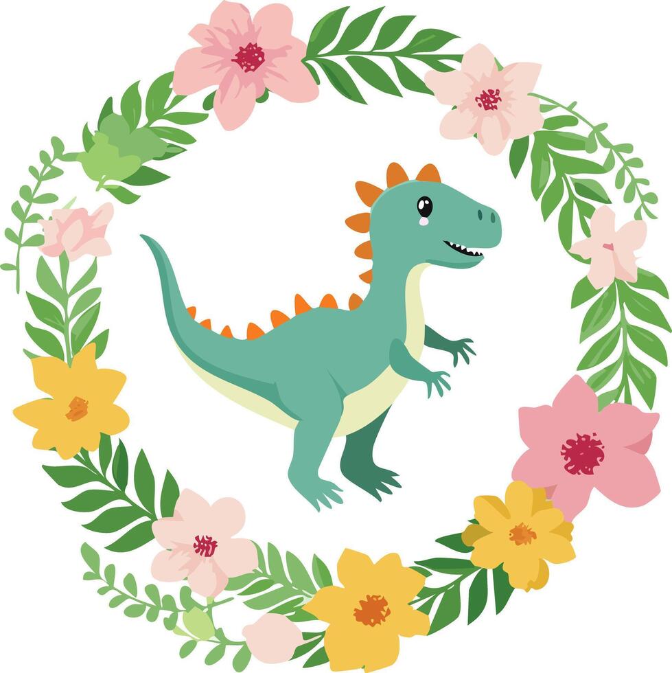 dino with floral wreath vector