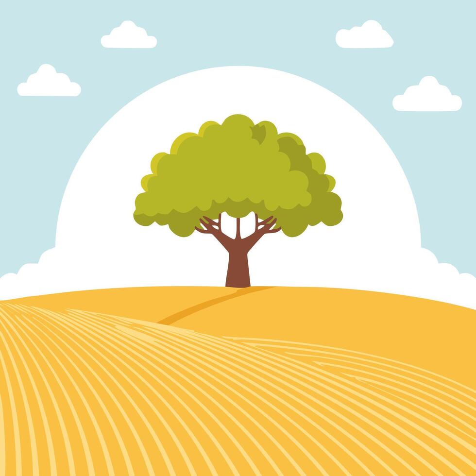 Golden Field with a Lonely Oak Tree vector