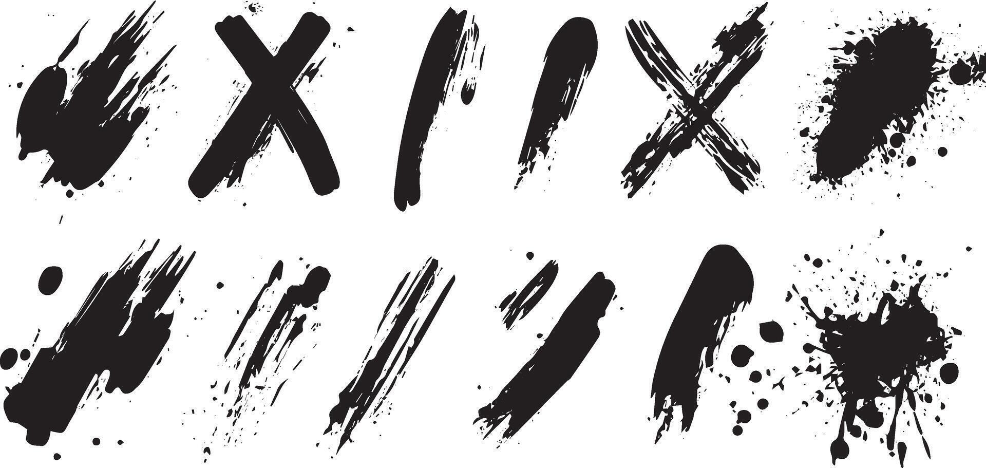 Abstract Brush Stroke and Ink Splatter Set, Grunge Paint Marks, Bold X Strokes, and Artistic Blots for Urban Design and Digital Art vector