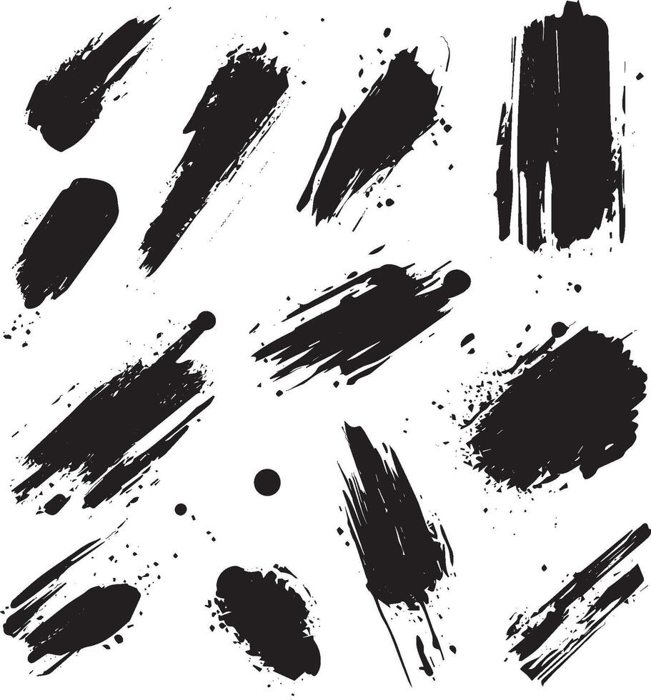 Abstract Grunge Ink Brush Strokes and Splatters, Black Paint Texture Set for Artistic Design vector