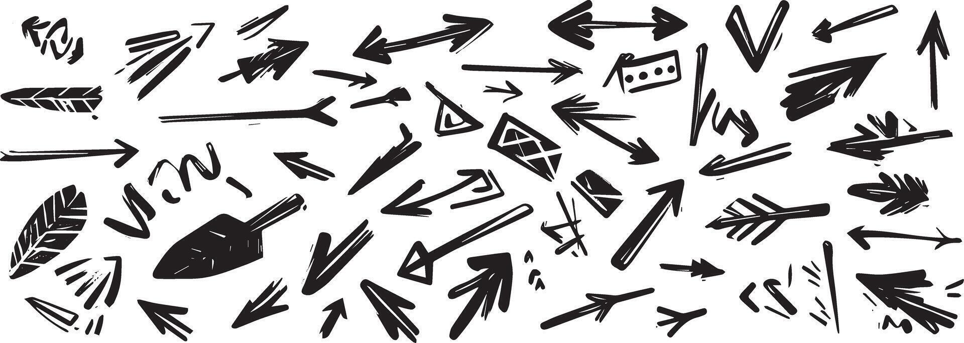 Abstract Hand Drawn Arrow Set, Brush Stroke and Doodle Icons vector