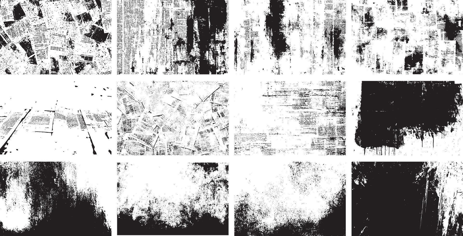 Grunge Newspaper Texture Pack, Distressed Black and White Vintage Print and Ink Overlay Backgrounds for Graphic Design vector