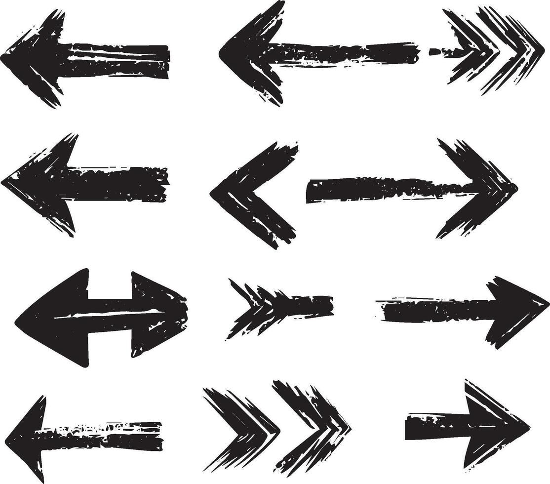 Grunge Brush Arrows Set, Rough Hand-Drawn Direction Icons vector