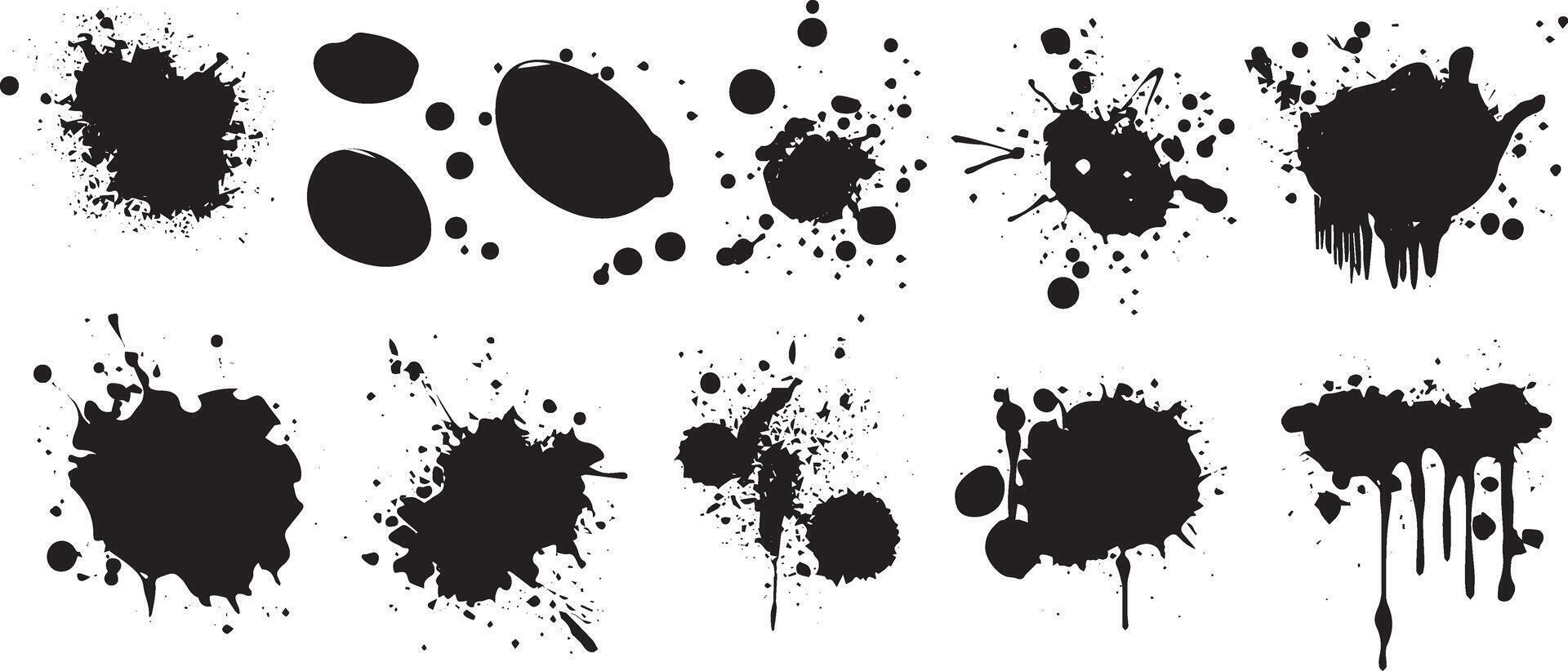 Ink Splatter and Drip Elements Set, Grunge Black Paint Blots, Drops, and Smudges for Urban Design and Texture Overlays vector