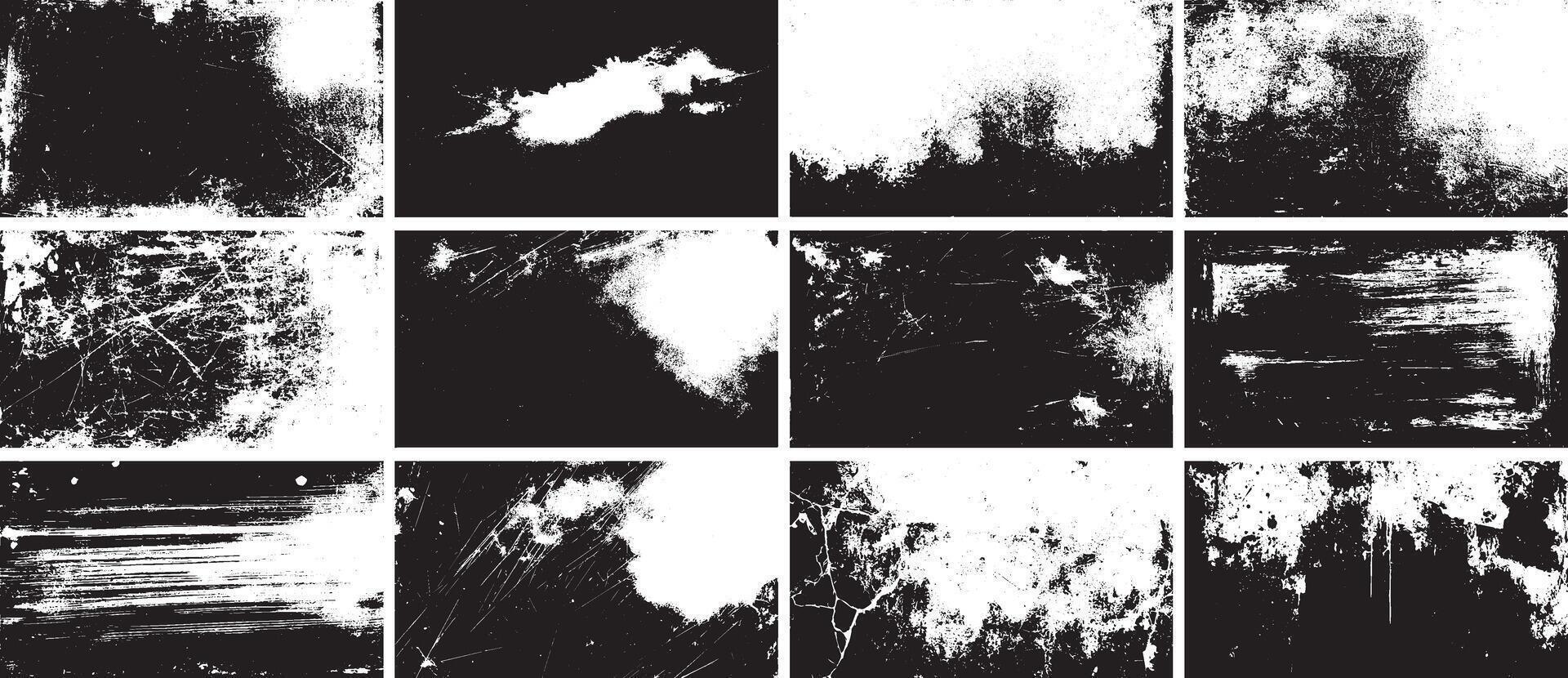 Scratched Grunge Texture Pack, High-Contrast Black and White Distressed Backgrounds for Edgy Graphic Design and Overlays vector