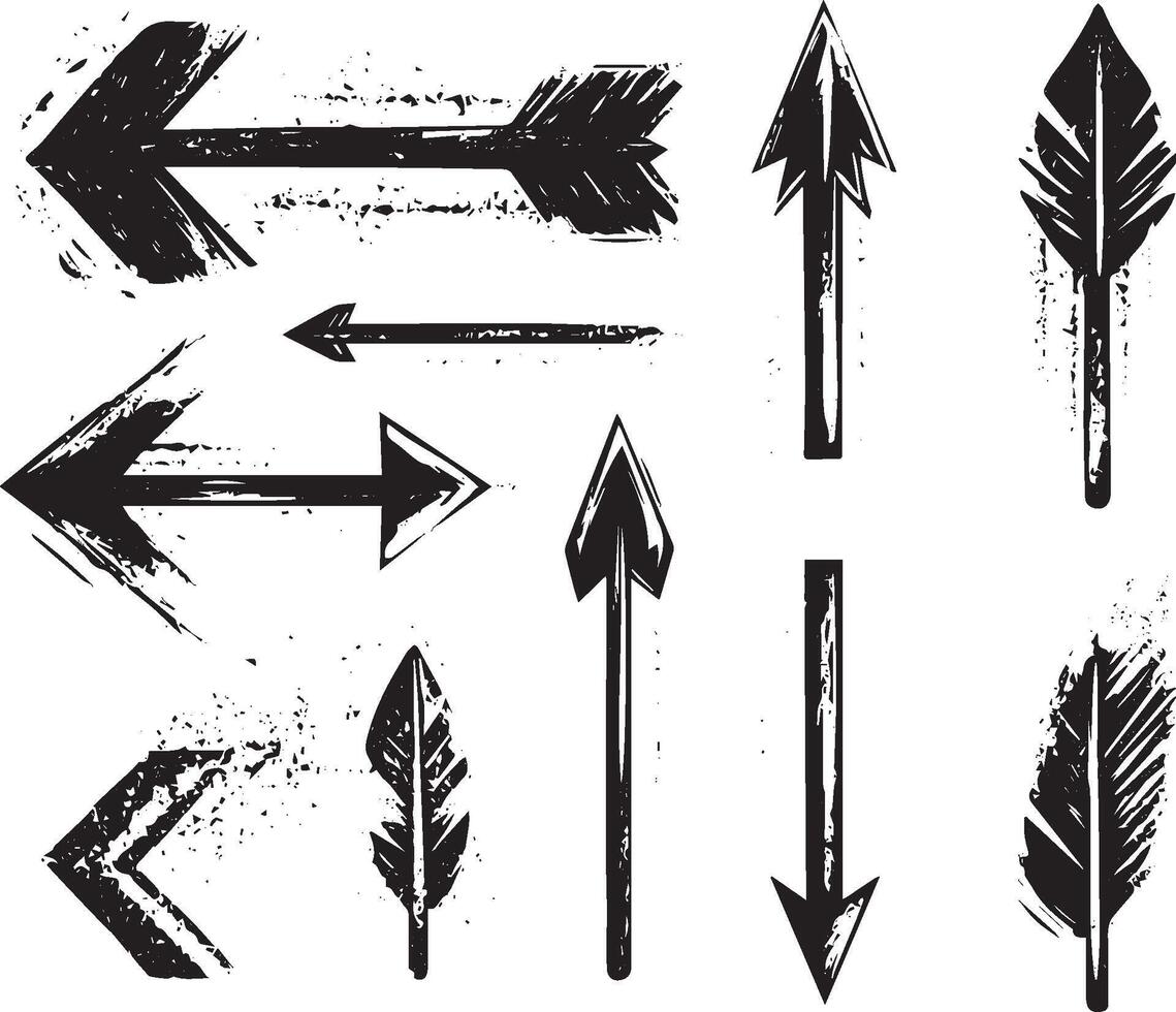 Grunge Tribal Arrows and Arrowheads Set, Distressed Design vector
