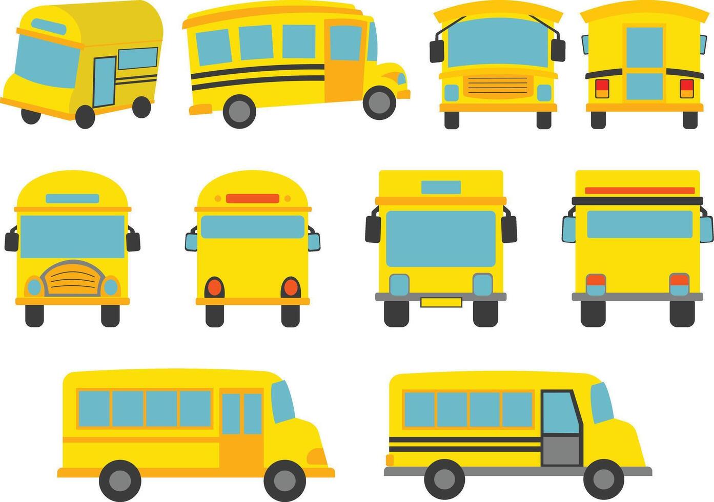 A collection of school bus illustrations from various angles, for educational materials, transport designs, children content, and school-related visuals. vector