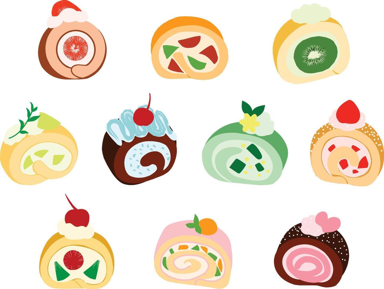A delightful illustration of fruity roll cakes with colorful swirls and fresh fruit toppings. Perfect for dessert menus, bakery branding, food themed designs, and cute culinary visuals. vector