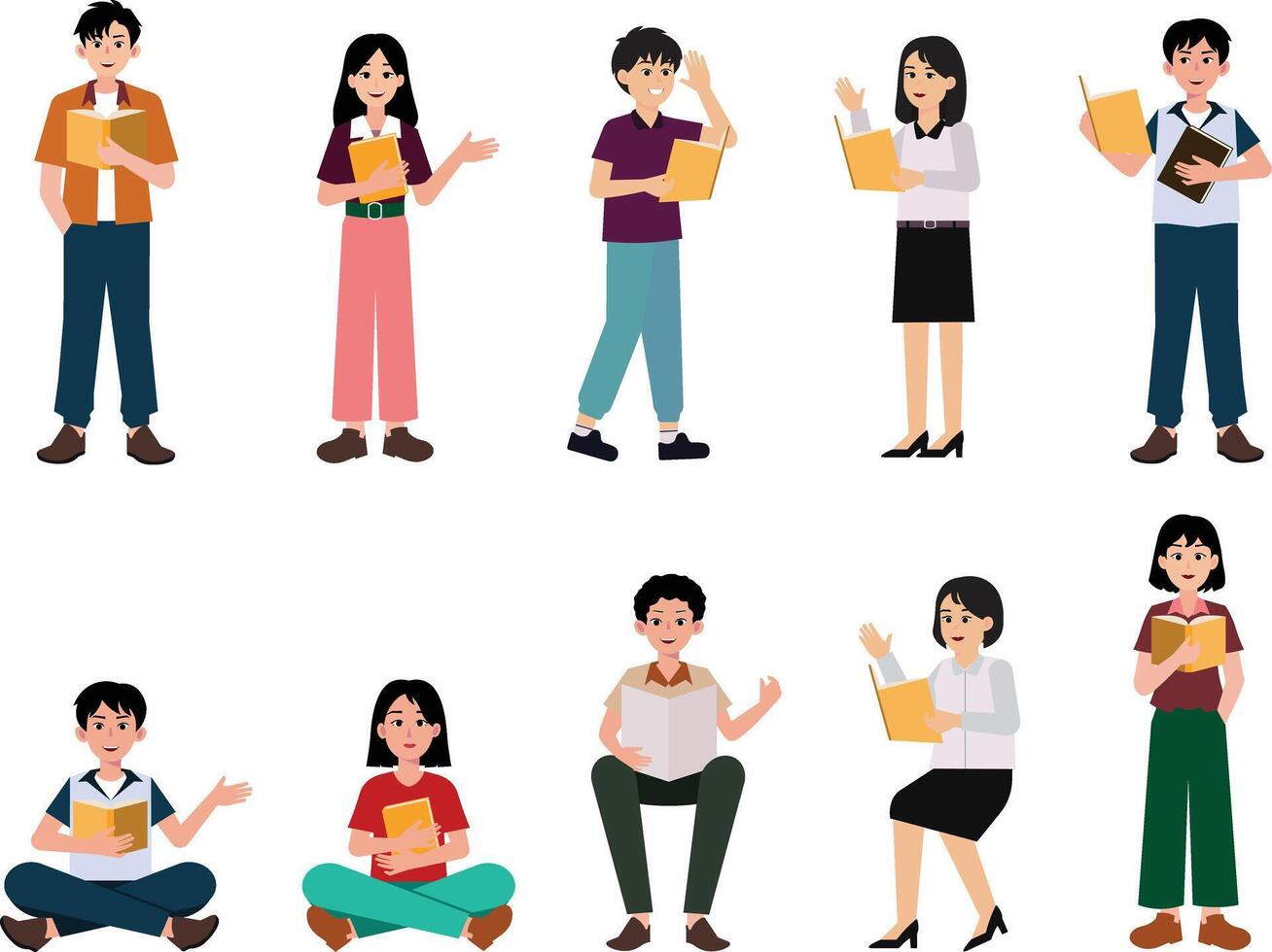 A charming set of illustrations featuring student characters reading books in various poses, for educational content, literacy campaigns, school materials, and learning-themed designs. vector