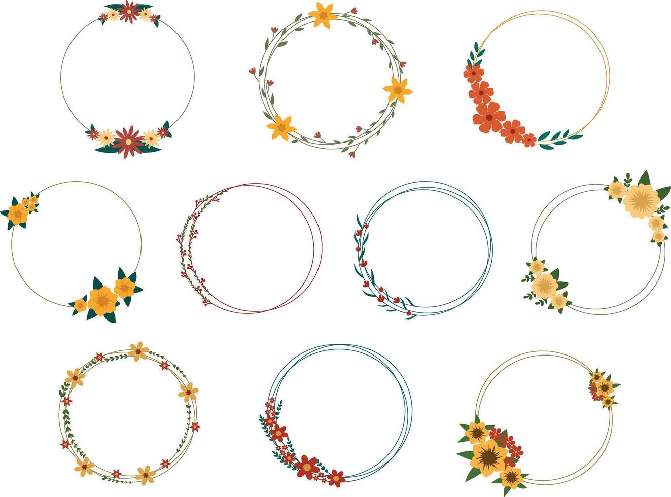 A beautiful collection of simple floral circle frame illustrations, for invitations, branding, decorative designs, and seasonal themes. vector