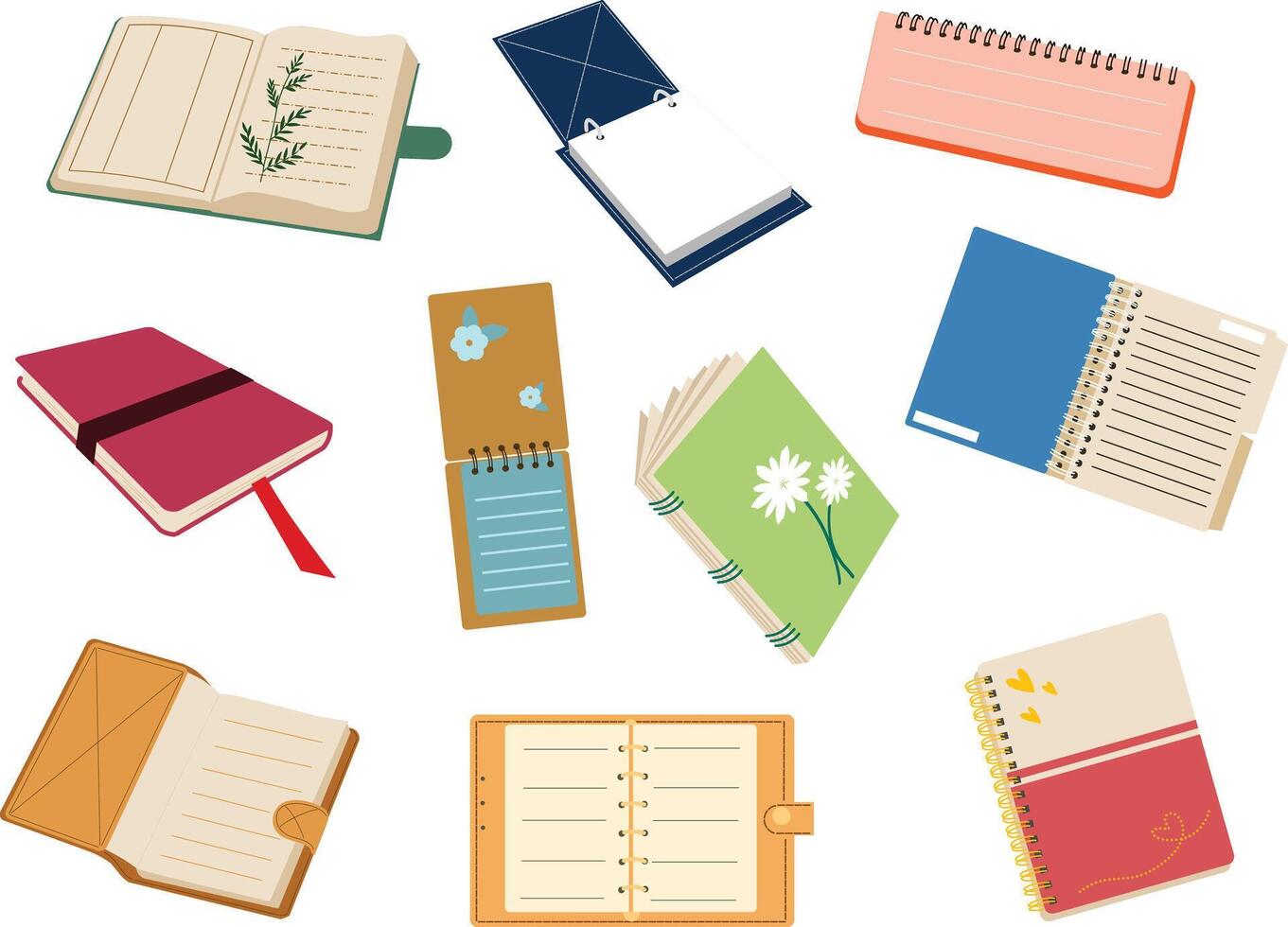 A collection of notebook and journal illustrations featuring different styles, open and closed views. For stationery designs, educational materials, productivity visuals, and personal planning themes. vector
