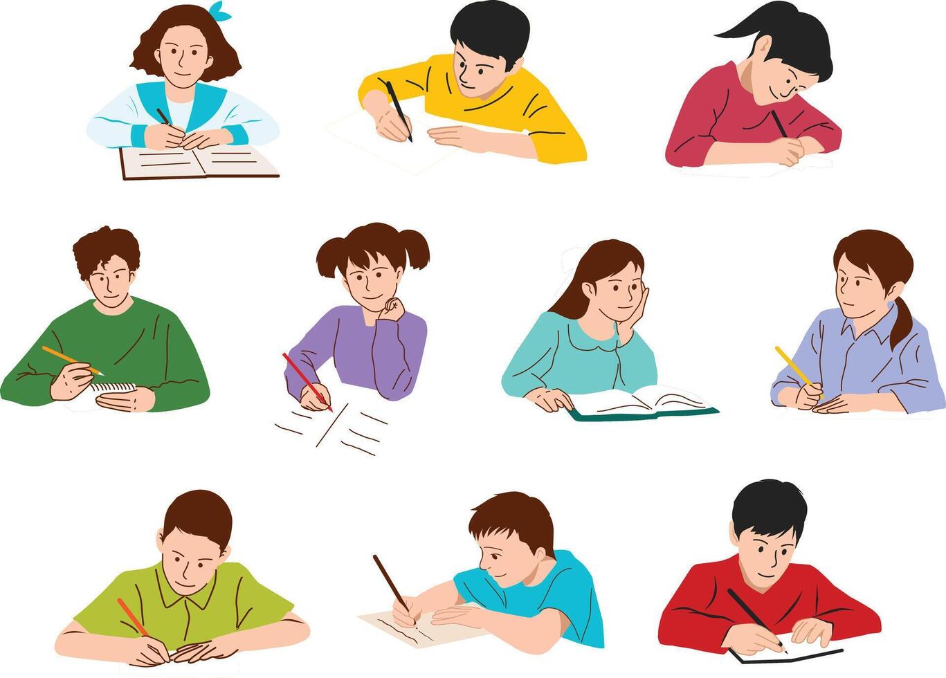 A set of illustrations featuring students studying at desks with notebook. Ideal for educational content, school projects, academic promotions, and learning-themed visuals. vector