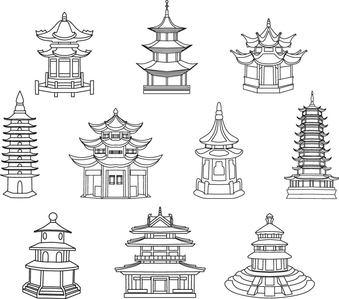 Simple line art pagoda illustrations in various designs, perfect for cultural, architectural, travel, and educational designs. vector