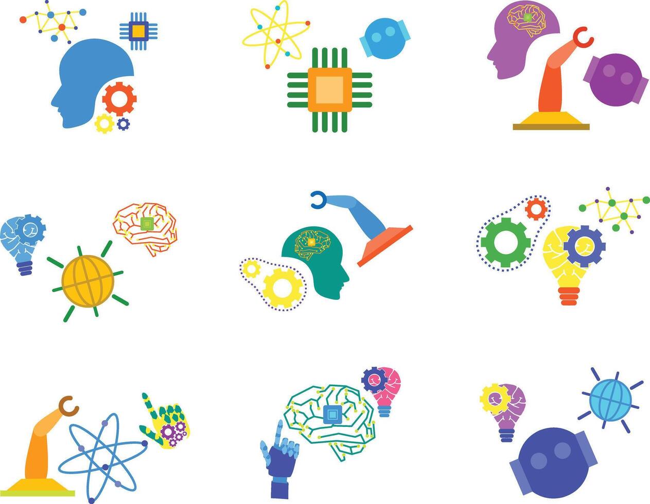 A modern set of AI-themed illustrations featuring neural networks, robots, bulb lamp and futuristic icons. Perfect for tech presentations, innovation concepts, digital transformation visuals vector