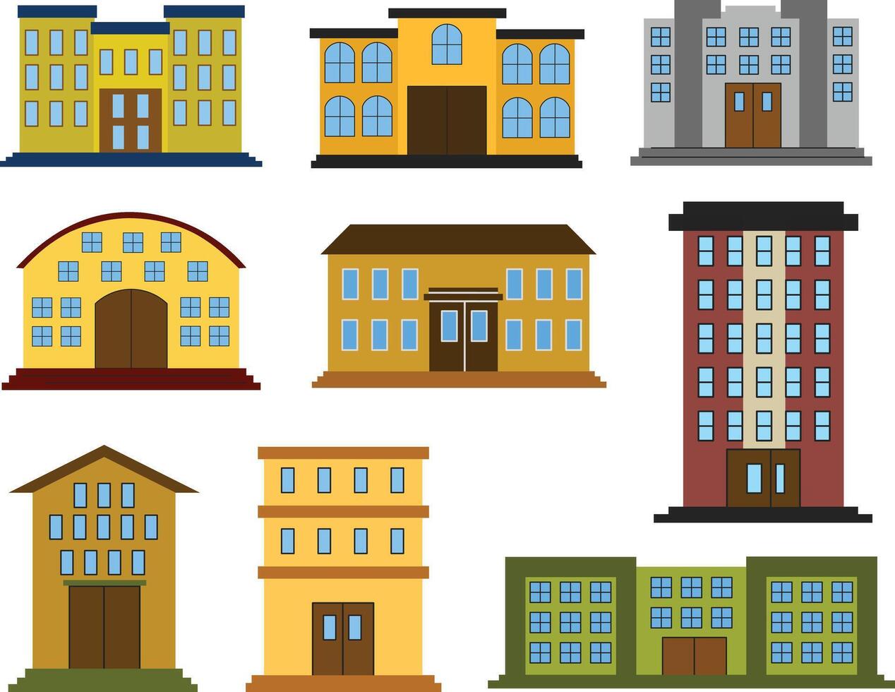 Set of school building illustrations featuring different architectural styles, colors, and design. Ideal for educational projects, back-to-school themes, children books, and academic designs. vector
