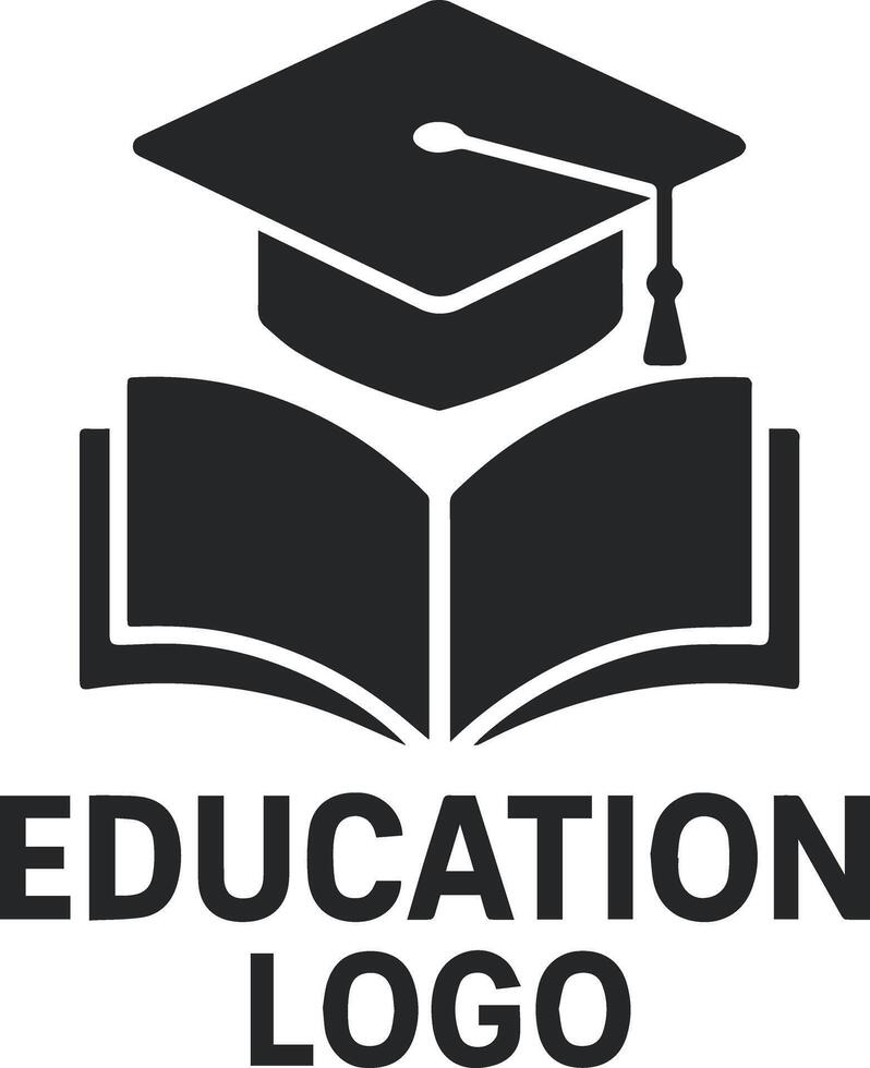 Education logo featuring an open book and graduation cap in black and navy. Clean and modern design ideal for academic, school, or learning-related use. vector