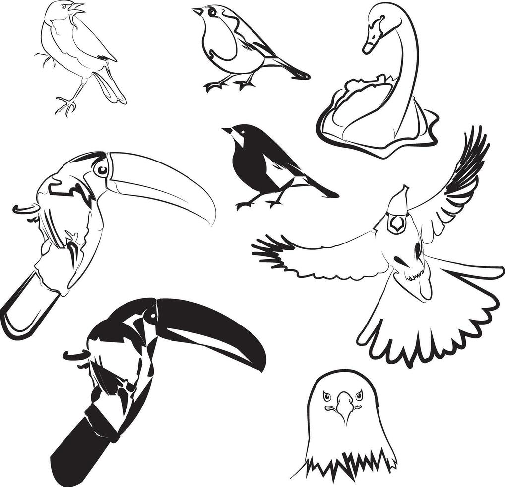 Set of Hand Drawn Bird Line Illustrations, Minimal Outline Style Collection for Logos, Coloring Books, Tattoos, Wall Art, Posters, and Design Projects vector