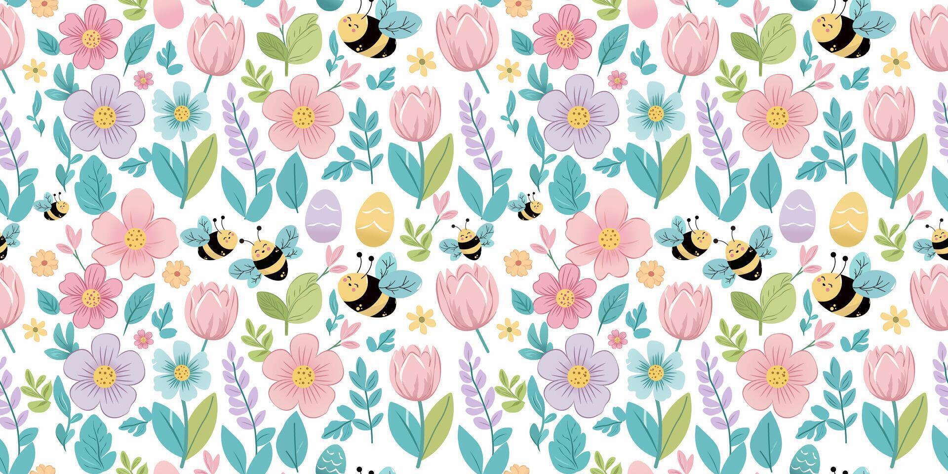 Honey Bee and colorful flowers on a white background. Seamless repeat surface pattern design. vector