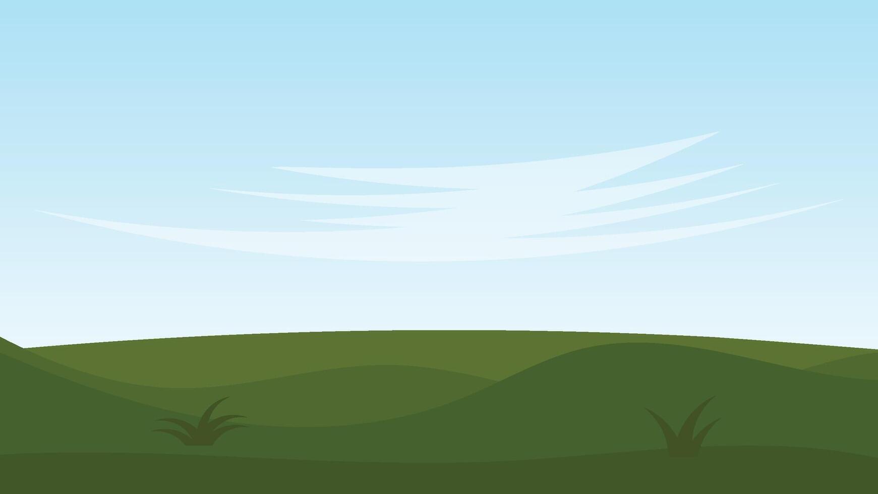 green field with hill and blue sky. landscape cartoon scene background vector