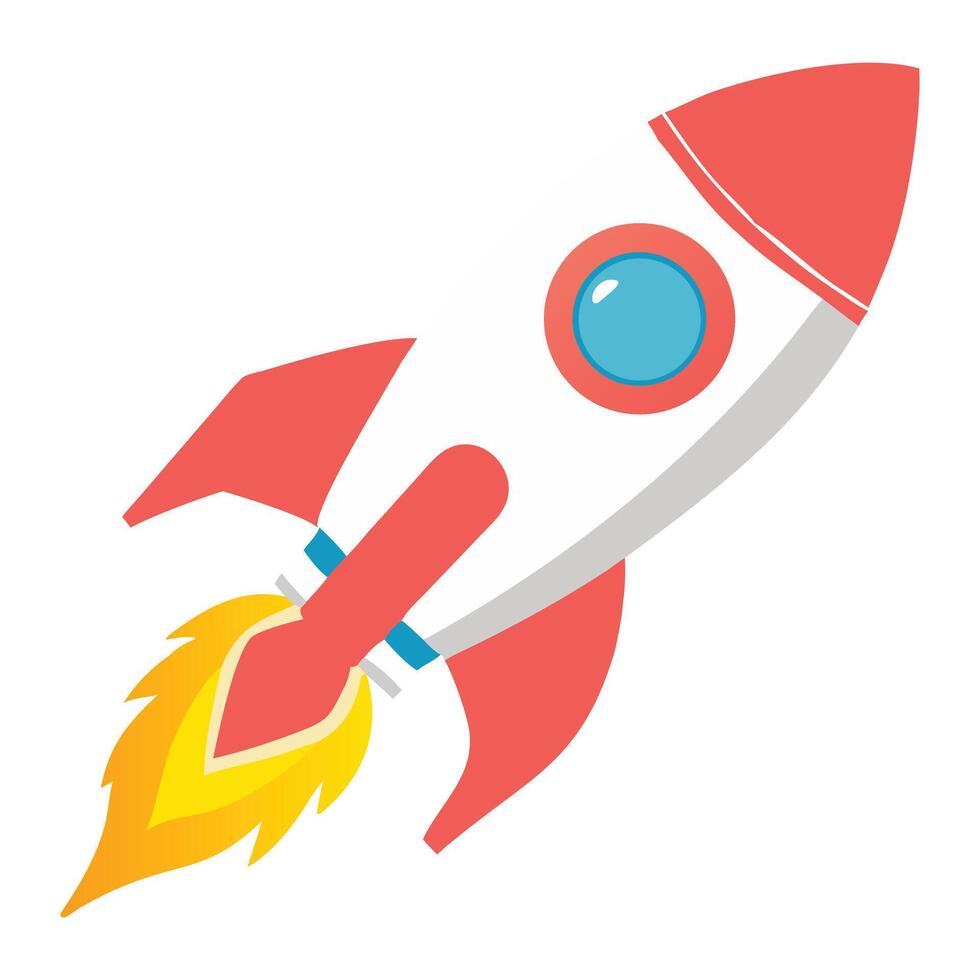Cartoon rocket launching upwards, vibrant colors, simple design. vector
