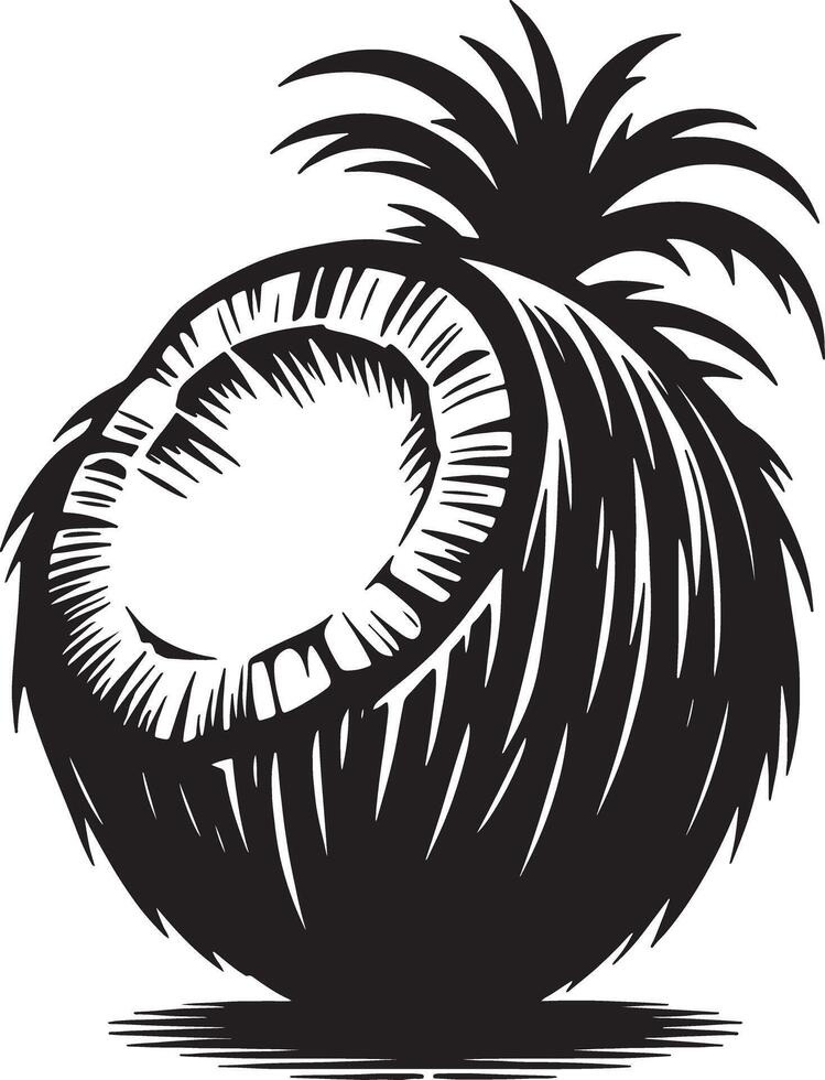 A black and white graphic illustration of a coconut with a hollow center and leafy top design vector