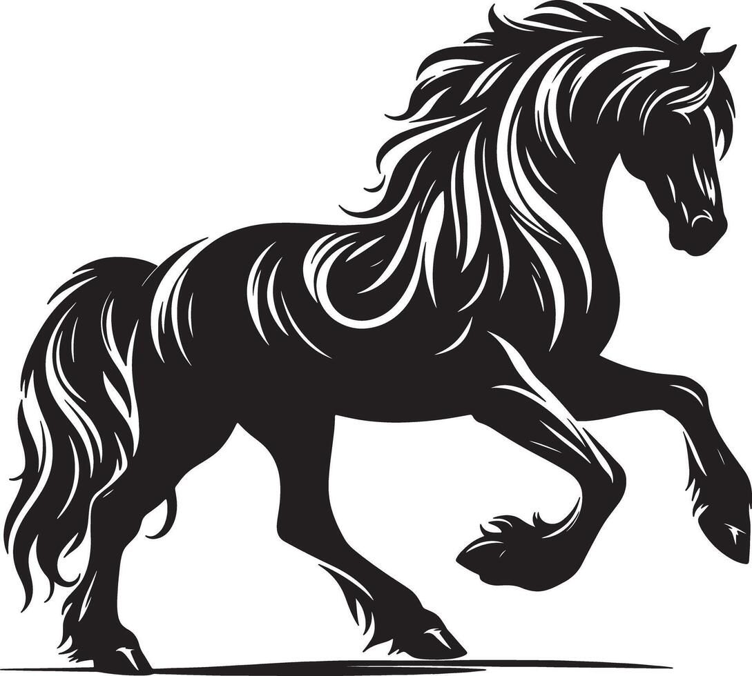 A striking black horse with flowing mane and tail in a dynamic pose against a white background vector